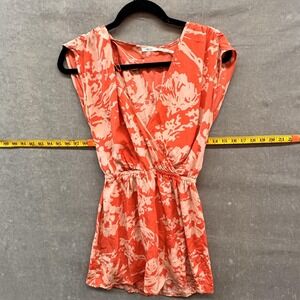 Wrap Blouse Womens Large Coral Peach Floral Elastic Waist Cap Sleeve Peplum Top